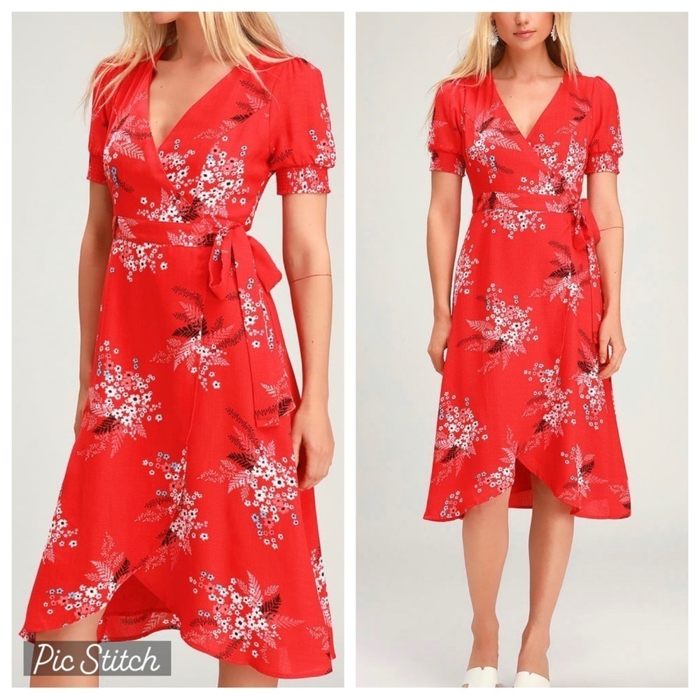 NWT Lulu’s All the Sweetness Red Floral Print Midi Wrap Dress